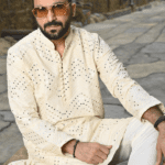 Beige Mirror Work Embroidered Kurta Trouser