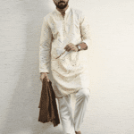 Beige Mirror Work Embroidered Kurta Trouser