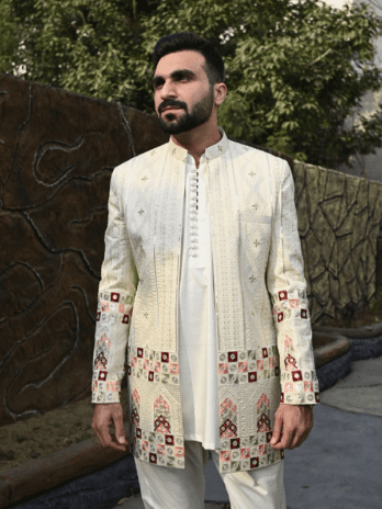 Beige Embroidered Front Open Princecoat