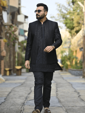 Black Embroidered Front Open Princecoat