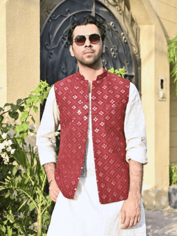 Maroon Mirror Work Embroidered Waistcoat
