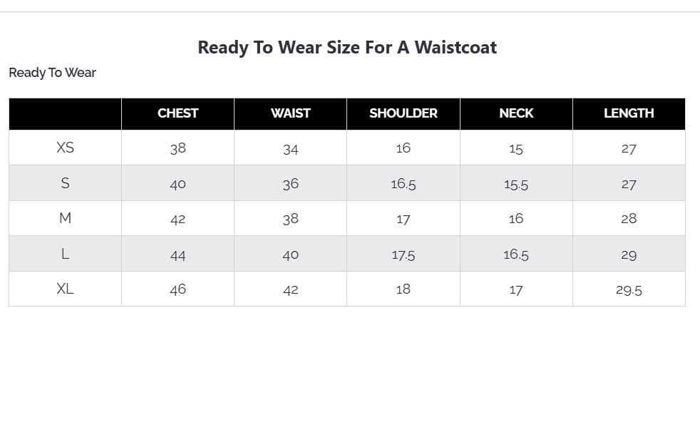 waistcoat chart