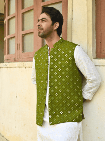 Leaf Green Sequence Embroidered Waistcoat