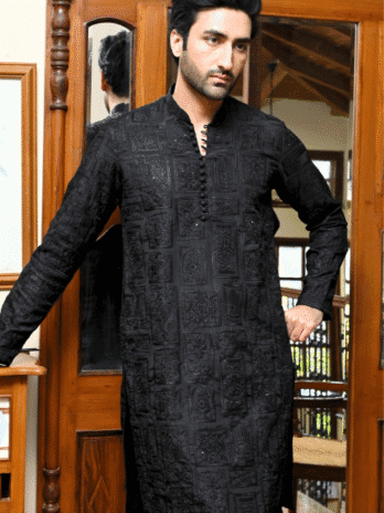 Luxurious Black Embroidered Kurta & Trouser Set for Weddings