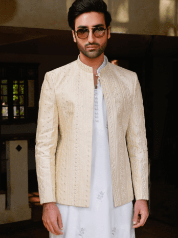 Beige Front Open Embroidered Prince Coat
