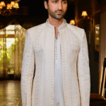 Off white Front Open Embroidered Prince Coat (floral)