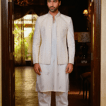 Off white Front Open Embroidered Prince Coat (floral)